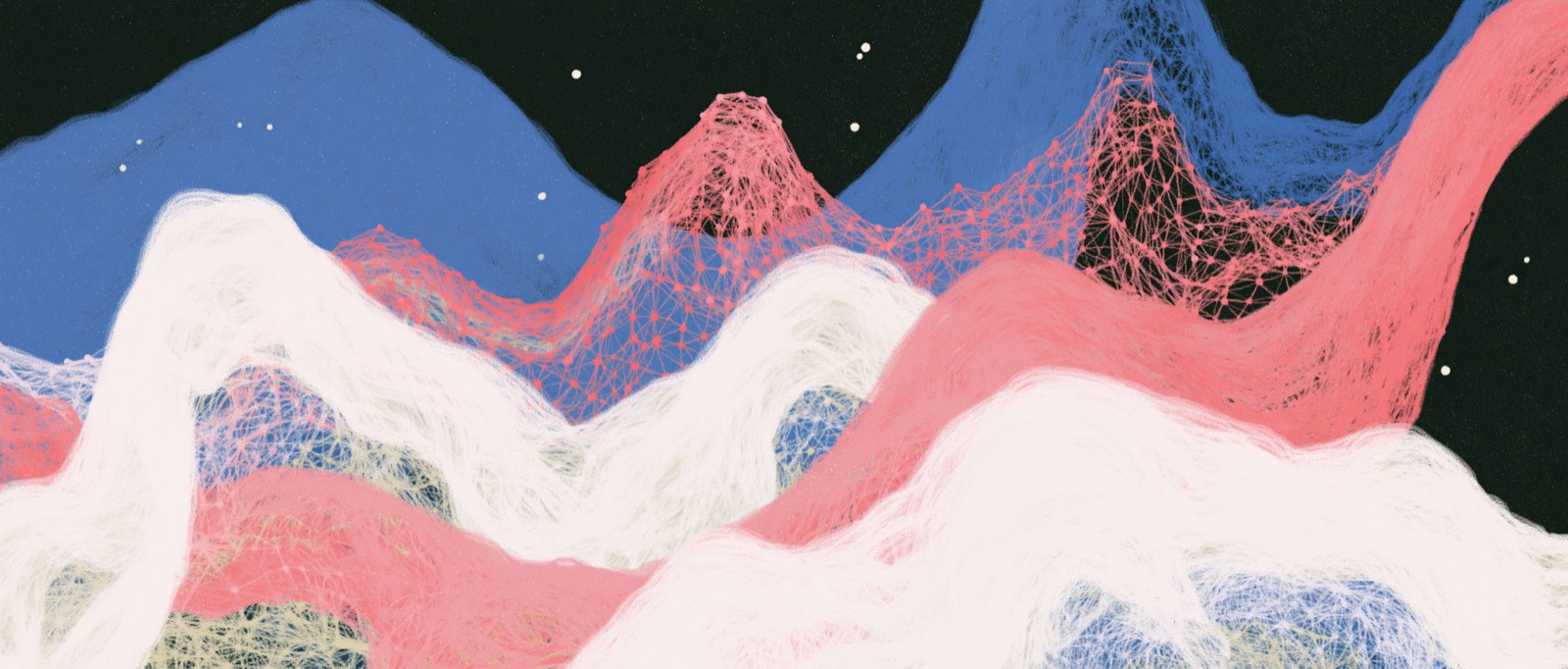 A hand-painted mountain landscape under a starry sky, a glowing pink wireframe mesh draped across the peaks.