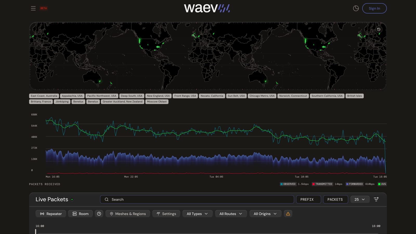 The Live Packets page: a dark world map with green flashes marking live packet arrivals, mesh region chips, and a throughput chart.