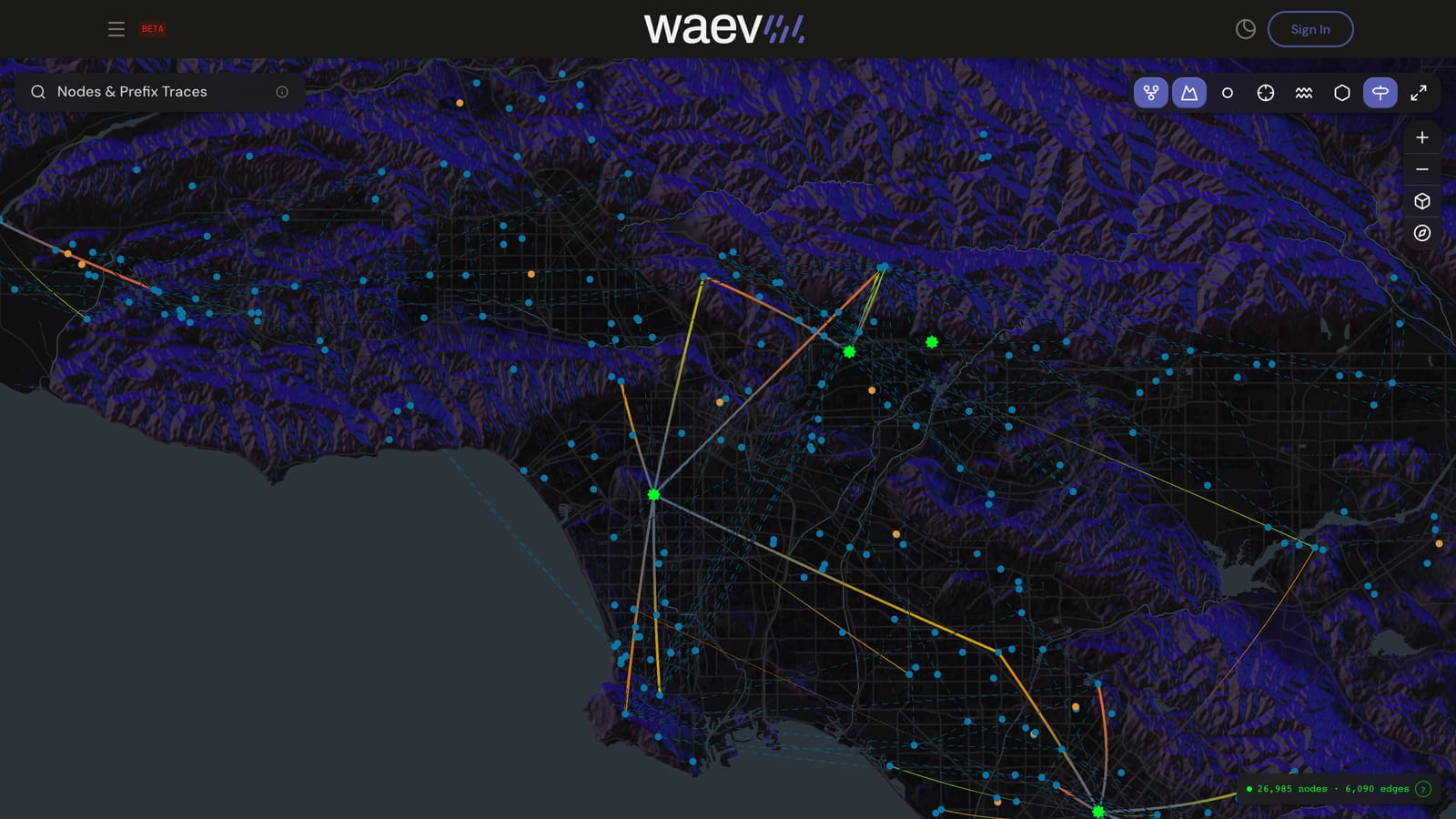 The Waev Live Map over the Los Angeles basin: thousands of nodes and verified topology edges drawn over dark terrain.